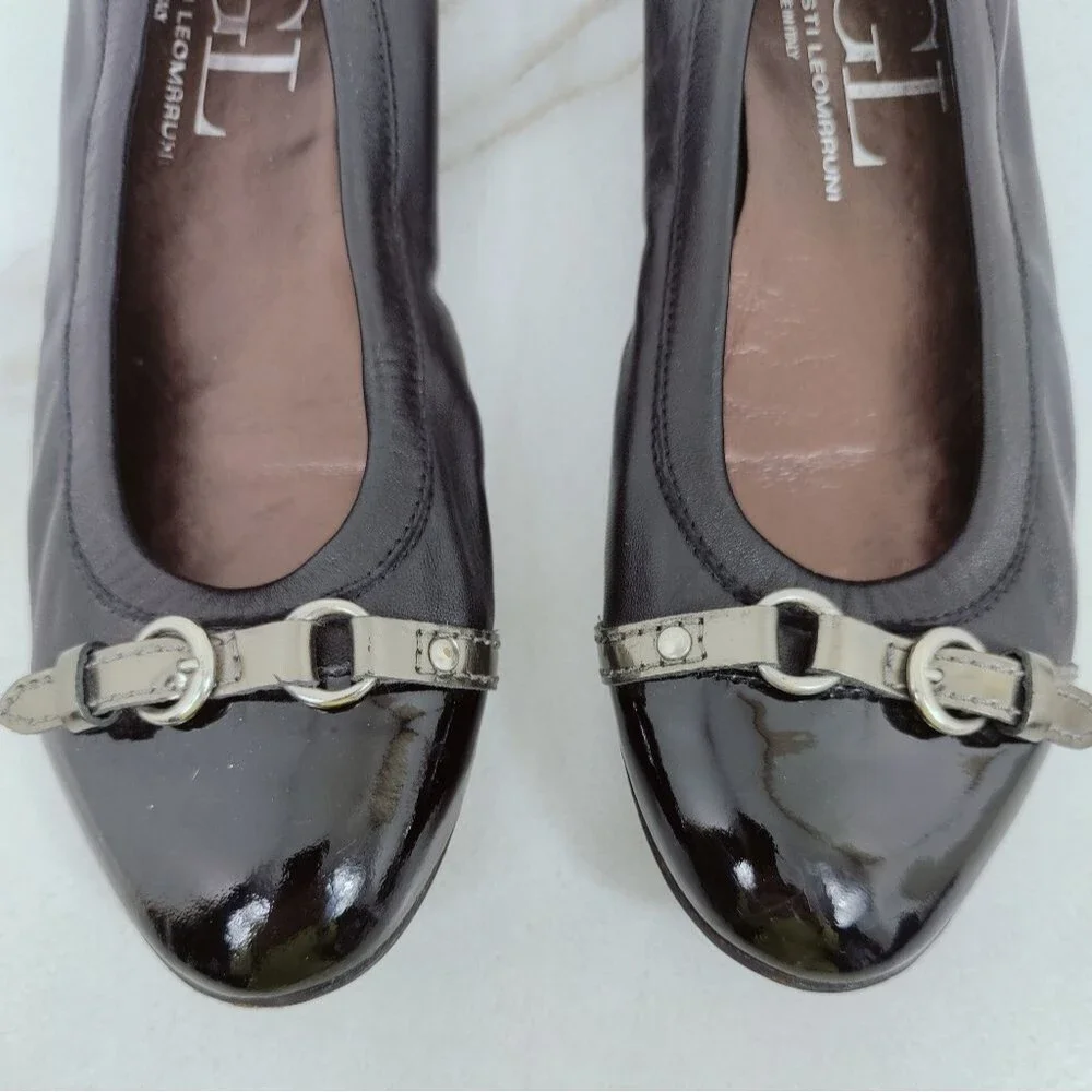AGL Attilio Giusti Leombruni Black Patent Leather Cap Toe Ballet Flats, 9.5